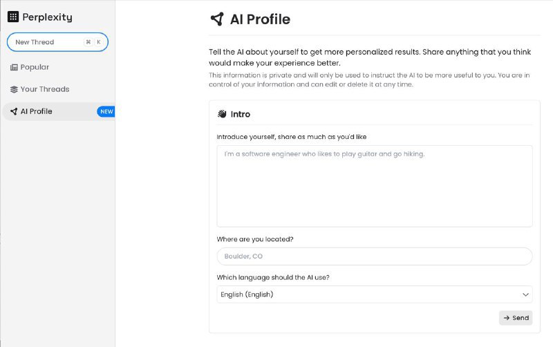 #Update #PerplexityPerplexity 现在支持通过定制 AI Profile（类似于自我介绍）来提供更加个性化的内容