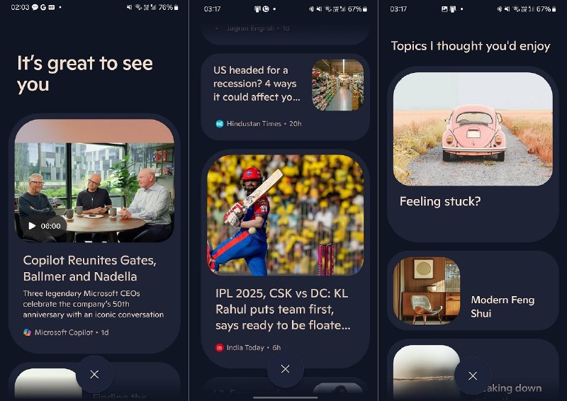 继引入广告之后 微软Copilot Android版有了赚钱新路子Copilot会从MSN拉取内容，并以整洁的布局、大图、文章链接以及文章内广告的形式呈现，用户还可以选择分享MSN文章的链接