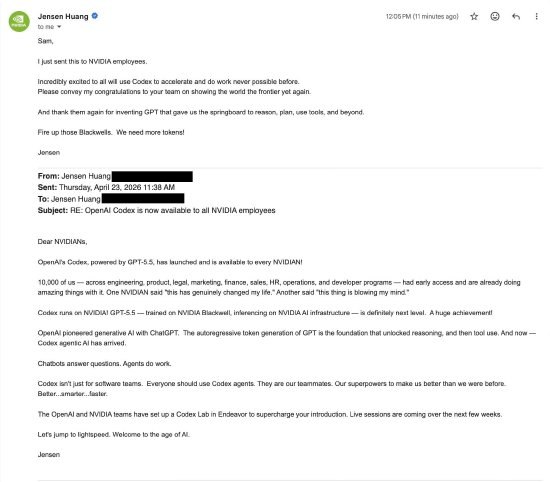 黄仁勋要求英伟达所有员工使用OpenAI的Codex编程工具OpenAI首席执行官萨姆·奥特曼在社交平台上分享了英伟达CEO黄仁勋发给他的一封电邮
