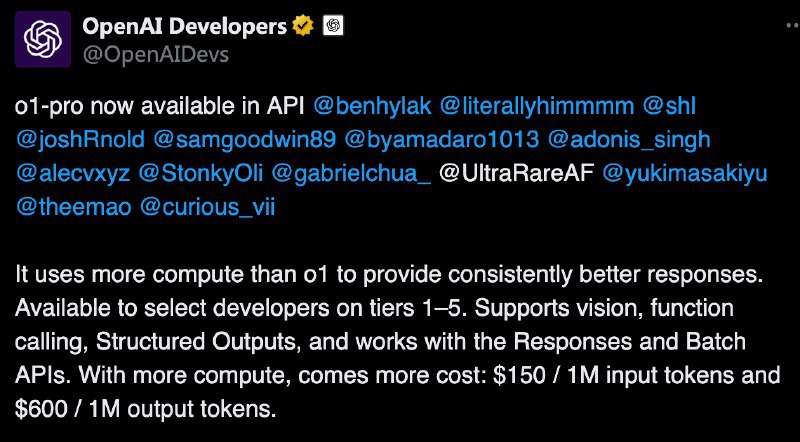 OpenAI推出o1-pro 目前最昂贵的人工智能模型OpenAI 对输入模型的每百万词元（约 75 万字）收取 150 美元，对模型生成的每百万词元收取 600 美元