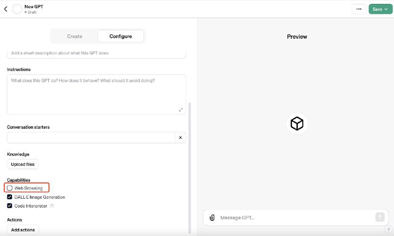 30秒，让你的GPTs用上 WebPilot:- 第一步: 在Config Tab中, 取消勾选 