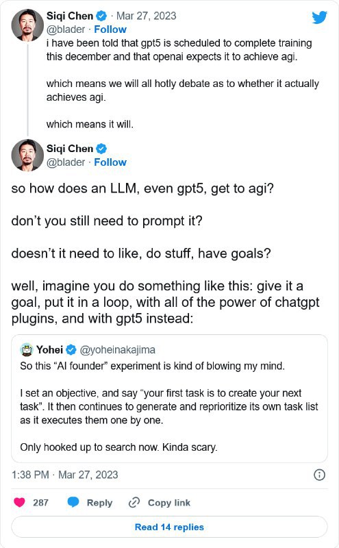 传言具有 AGI (通用人工智能) 能力的 GPT-5 有望在2023年底前完成这一消息由 a16z 投资的创业公司 Runway 的首席执行官和人工智能投资者Chen Siqi 分享的