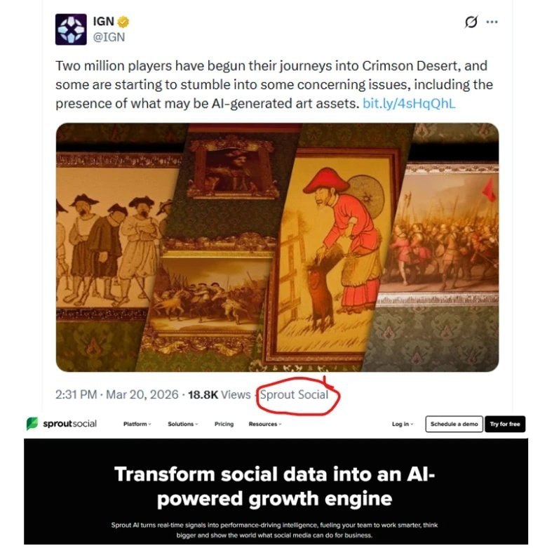 IGN因使用AI文章抨击《红色沙漠》AI素材被玩家嘲笑《红色沙漠》于2026年3月19日发售，发售后不久，玩家们便发现游戏中的画作、招牌和壁画出现了大量诡异的错误，确认是由AI进行创作生成的，遭到了玩家与媒体们的批评