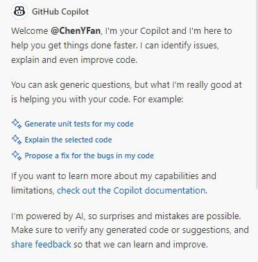 Github Copilot Chat1. 使用vscode insiders2. 安装copilot nightly(和copilot chat)3. 要有copilot订阅4. 左侧就会出现一个chat按钮，点击即可交互没怎么测试，就试了一下explain my code，貌似能接受上万长度的代码，远超普通的gpt不过试的时候有时报错，如图三role must be 