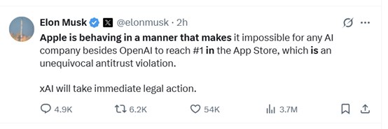 马斯克威胁：将立即对苹果采取法律行动当地时间周一，美国企业家埃隆·马斯克威胁要对苹果公司采取法律行动，指控苹果公司在管理App Store排名方面违反了反垄断法