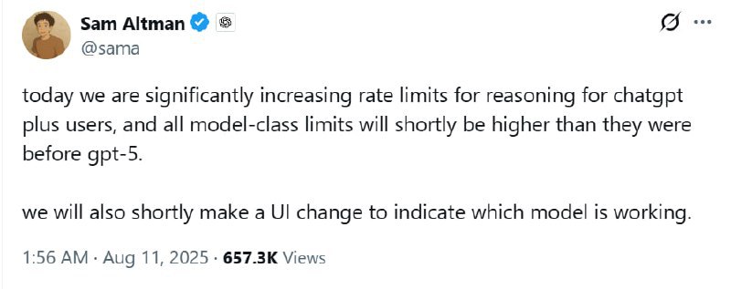 OpenAI大幅提升ChatGPT Plus推理模型使用限额至每周3000次OpenAI CEO Sam Altman宣布，推理模型的日活用户占比正快速增长，免费用户从不到1%增至7%，Plus用户从7%跃升至24%