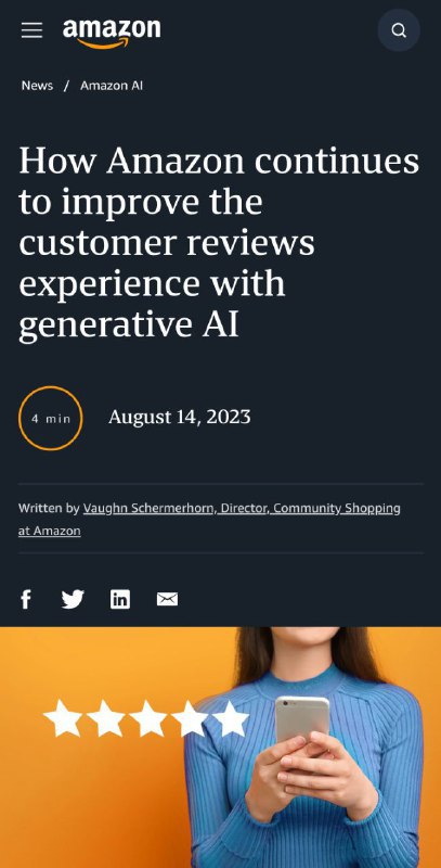 Amazon 开始测试用 AI 总结用户评论Amazon 发表了一个新的 AI 评测总结的功能，初期将先对「部份美国的行动购物用户」开放