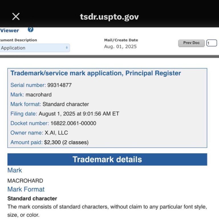 马斯克注册“巨硬Macrohard”商标马斯克旗下的xAI于8月1日提交了“Macrohard（巨硬）”这一商标的注册申请，且已支付了2300美元（约16587元人民币）的注册费用，涵盖两个商标类别