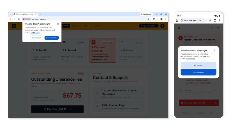 Chrome 新增「可疑网站」反诈预警，并用 Gemini 在服务器端进行反诈判定Google 为 Chrome 上线新的网站安全预警，开启「增强保护」模式后，访问与钓鱼、恶意软件、诈骗站点特征相似的可疑网址时会先弹出提示，网页在下方变暗显示，并提供「标记为安全」的选项