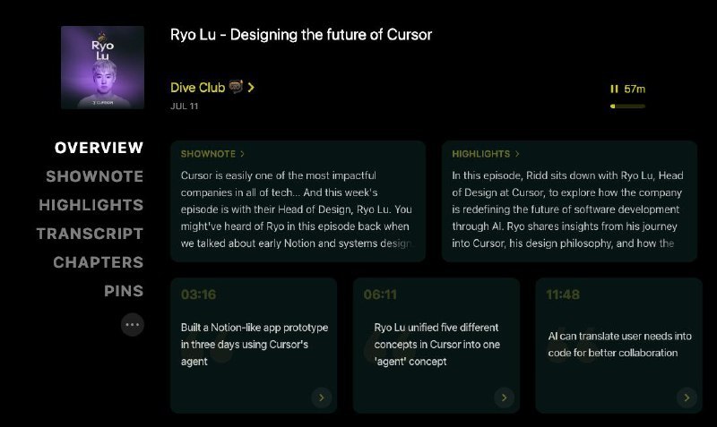 Cursor 设计的系统思维🤿 Dive Club 是我最近常听的设计访谈类播客，经常邀请 AI 领域头部公司的顶尖设计师，探讨他们的工作流程和思维模式🖥️ 这一期对谈的正是前面用 Cursor 搭了个人 OS 的设计师 Ryo Lu，他分享了如何在设计 Cursor 的过程中运用系统思维，而不是传统的设计思维：🔸 单一原语（Primitive）： 将 Cursor 原先的 Tab、Chat、Composer、Agent 统一为一个「Agent」概念