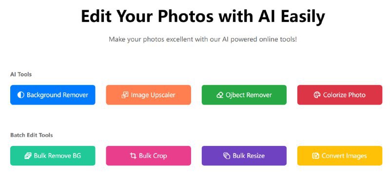 🆔 网站名称：ImgGood⭐ 网站功能：AI照片编辑器📁 网站简介：一个免费的在线AI照片编辑器，提供多种强大的AI工具，包括背景去除、图像放大、物体去除、照片上色以及批量编辑功能