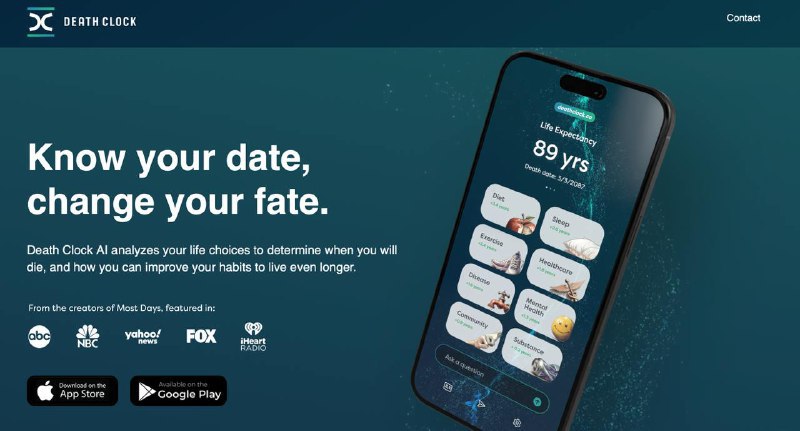 Death Clock应用预测用户的死亡日期Death Clock是一款新的应用，利用人工智能预测用户的死亡日期，并提供延缓死亡的健康建议
