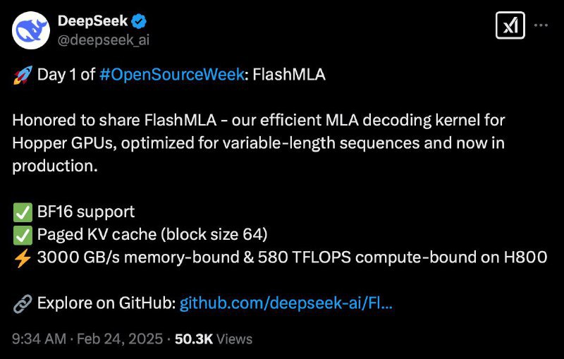 Deepseek开源FlashMLA：高效MLA解码内核，专为Hopper GPU优化Deepseek今日开源FlashMLA，这是一款专为Hopper GPU设计的高效MLA（多头潜在注意力）解码内核