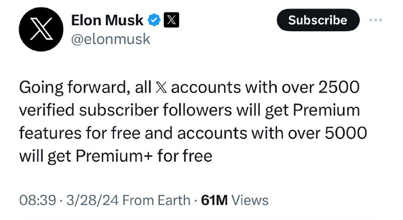 马斯克：所有拥有超过2500名蓝标验证✅(付费订阅)粉丝的X帐户将免费获得Premium相应功能，超过5000名的帐户将免费获得Premium+此前，马斯克决定将Grok AI下放至Premium订阅，因此两者在未来均可使用Grok🗒 标签: #X #Premium📢 频道: @GodlyNews1🤖 投稿: @GodlyNewsBotvia Yummy 😋 - Telegram Channel