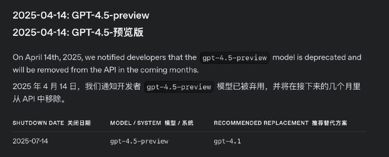 OpenAI API将在7月14日弃用GPT-4.5-previewChatGPT 将继续提供 GPT 4.5🗒 标签: #OpenAI📢 频道: @GodlyNews1🤖 投稿: @GodlyNewsBotvia Yummy 😋 - Telegram Channel