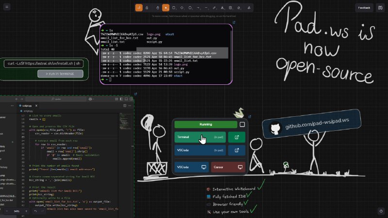🆔 项目名称：pad.ws⭐️ 项目功能：在线白板📁 项目简介：一个在线白板应用程序，为开发者提供一个集成开发环境（IDE），可以在浏览器中进行绘图和编码