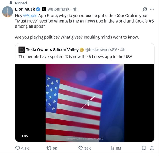 马斯克威胁：将立即对苹果采取法律行动当地时间周一，美国企业家埃隆·马斯克威胁要对苹果公司采取法律行动，指控苹果公司在管理App Store排名方面违反了反垄断法