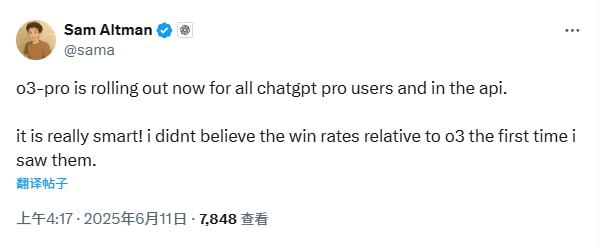 o3-pro 现已向所有 ChatGPT Pro 用户推出，并在 API 中上线O3 用量给 Plus 订户翻倍到 200 次/周Sam Altman | API📮投稿☘️频道via 科技圈🎗在花频道📮 - Telegram Channelo3-pro 现已向所有 ChatGPT Pro 用户推出，并在 API 中上线O3 用量给 Plus 订户翻倍到 200 次/周Sam Altman | API📮投稿☘️频道via 科技圈🎗在花频道📮 - Telegram Channel