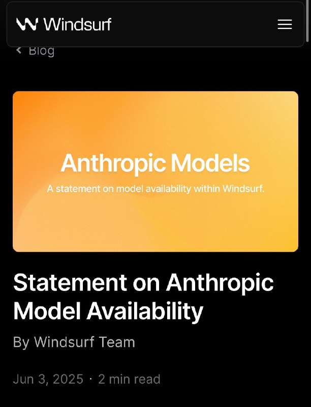 小互: 下死手了🤣Anthropic 宣布将在5天内切断 Windsurf 的所有API访问权限具体涉及的模型包括：• Claude 3.5 Sonnet• Claude 3.7 Sonnet• Claude 3.7 Sonnet Thinking由于Windsurf 从未获得 Claude 4 的直接访问权限等于直接被Anthropic彻底封杀了❌----------------------Wed Jun 04 2025 11:54:51 GMT+0800 (China Standard Time)via Twitter @小互小互: 下死手了🤣Anthropic 宣布将在5天内切断 Windsurf 的所有API访问权限具体涉及的模型包括：• Claude 3.5 Sonnet• Claude 3.7 Sonnet• Claude 3.7 Sonnet Thinking由于Windsurf 从未获得 Claude 4 的直接访问权限等于直接被Anthropic彻底封杀了❌----------------------Wed Jun 04 2025 11:54:51 GMT+0800 (China Standard Time)via Twitter @小互