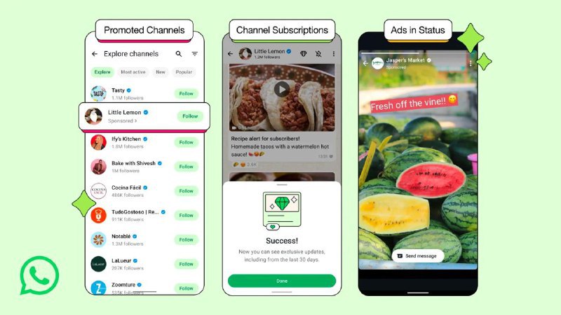 Whatsapp将在「更新」标签页展示广告Meta宣布从2025年6月16日起，WhatsApp将在“Updates”（状态/频道）标签页投放广告，Meta宣称广告会保障隐私，仅以国家设置、语言、频道互动等数据实现精准投放