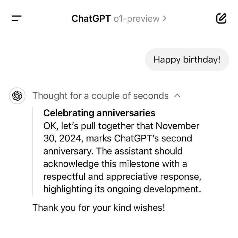 ChatGPT 二周年纪念今天是ChatGPT其发布两周年纪念日!TestingCatalog📮投稿分享 ☘️频道 🌸聊天via 科技圈🎗在花频道📮 - Telegram Channel