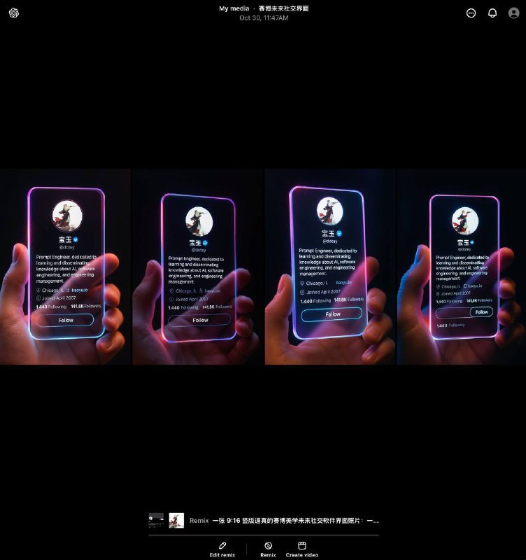 未来风社交界面 X 宝玉生成方法和提示词Sora 或者 ChatGPT一张 X 账号截图 和 头像照片（可选）不是很稳定，中文支持不好，需要多次抽卡----提示词开始----一张 9:16 竖版逼真的赛博美学未来社交软件界面照片：一只手拿着一张竖直半透明的亚克力卡片，占据了大部分画面