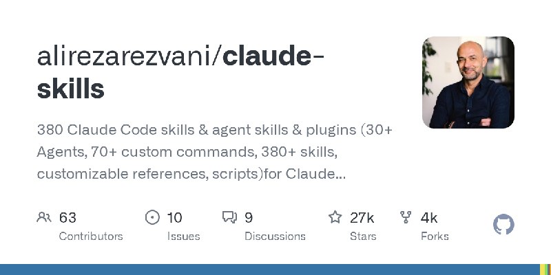 alirezarezvani/claude-skills380 多个 Claude Code skills、agent skills 和 plugins，覆盖 30 余个 Agents、70 余个自定义命令、380 余项 skills 以及可定制参考资料和脚本，适用于 Claude Code、Codex、Gemini CLI、Cursor 等 8 款以上编程 agents，涵盖工程、市场、产品、合规、高管 सलाह顾问、研究、业务运营、商业与财务，以及日常生产力等场景