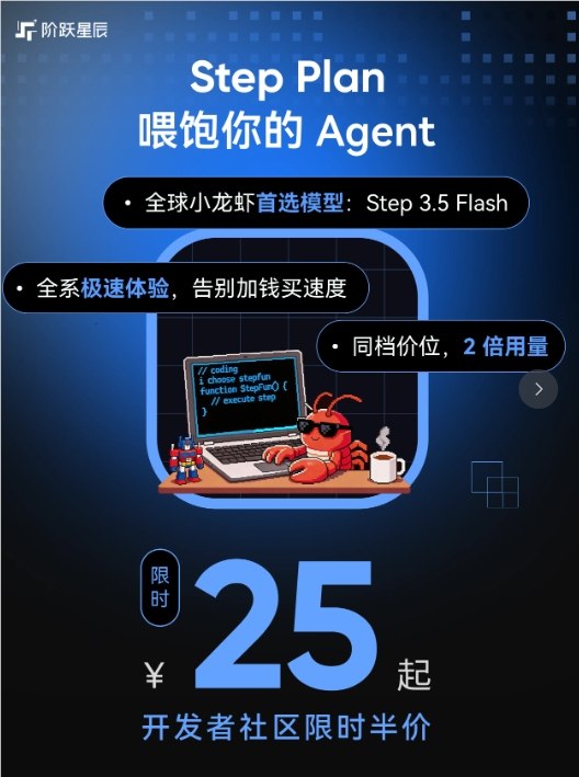 阶跃星辰推出 Step Plan “养虾”套餐：开发者社区尊享半价，AI 编程进入普惠时代在 AI 编程工具（OpenClaw/Coding）用户群体中，如何在高频任务与算力成本之间取得平衡一直是核心痛点