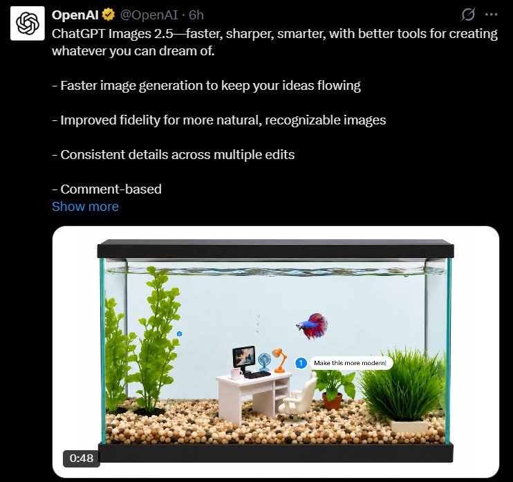 OpenAI 推出 ChatGPT Images 2.5，延迟砍半并解锁草图微调OpenAI 正式发布了其迄今为止最先进的 AI 图像生成模型——ChatGPT Images2.5