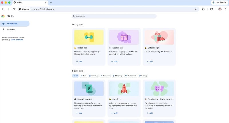 Chrome 为 Gemini 上线“技能库”：一键复用提示词，告别重复输入据报道，Google 今日更新了桌面版 Chrome 浏览器，为其内置的 Gemini 功能引入了全新的“技能库”（Skills Library）