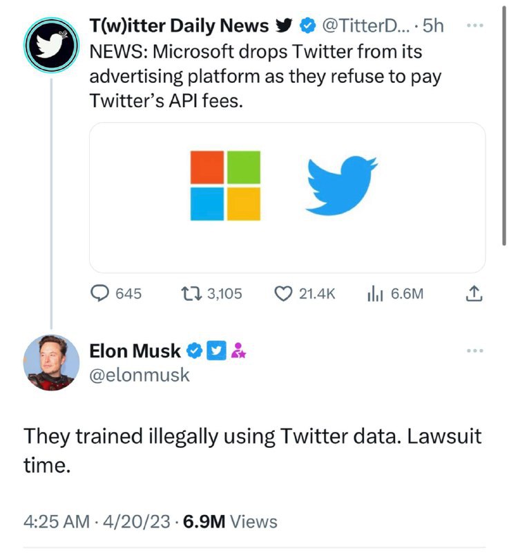 ↩️🖼 马斯克威胁要起诉微软 马斯克威胁要对微软采取法律行动，因为他声称该公司“非法使用Twitter数据进行训练”