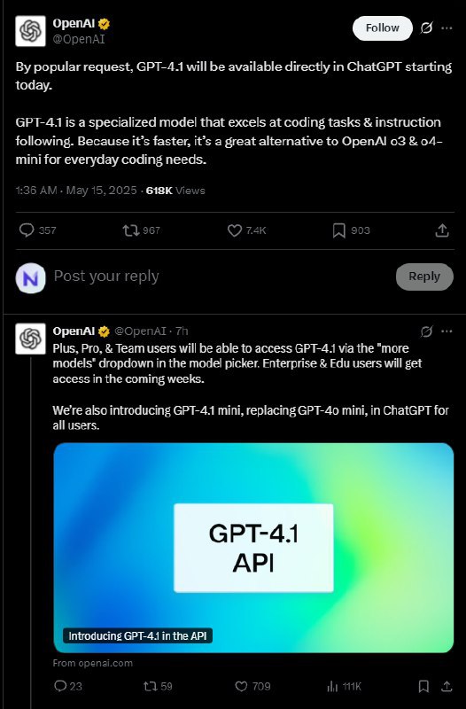 💻OpenAI推出GPT-4.1，提升ChatGPT编码能力OpenAI今日起在ChatGPT中推出GPT-4.1，专为编码任务和指令遵循优化，速度更快，适用于日常编码需求，是o3和o4-mini的替代方案