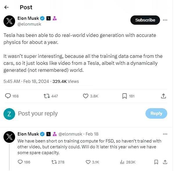 ↩️🖼 马斯克谈Sora：特斯拉一年前就能以精确的物理生成真实世界的视频，只是FSD训练算力不足 在回复X用户DrKnowItAll分析比较OpenAI Sora和特斯拉FSD V12的...Yummy 😋:OpenAI 推出文字生成视频(text-to-video )模型 Sora 
