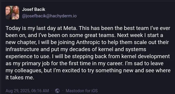 Btrfs开发人员Josef Bacik离开Meta 并退出Linux内核开发Josef Bacik 是 Btrfs 的长期开发者，也是 David Sterba 的积极联合维护者，今天他宣布将离开 Meta