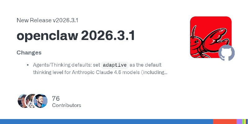OpenClaw 发布 2026.3.1 版本，新增健康检查端点与多端功能更新OpenClaw 发布 2026.3.1 版本，默认将 Anthropic Claude 4.6 的 thinking 级别设为 adaptive ，并为 Docker 与 Kubernetes 增加 /health 、/healthz 、/ready 、/readyz 等 HTTP 存活与就绪探针端点