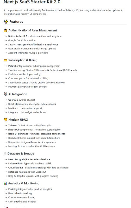nextjs-starter-kit：为开发者打造的全能型Next.js 15 SaaS开发模板，能帮你快速搭建具备认证、订阅、AI集成和现代UI的SaaS应用