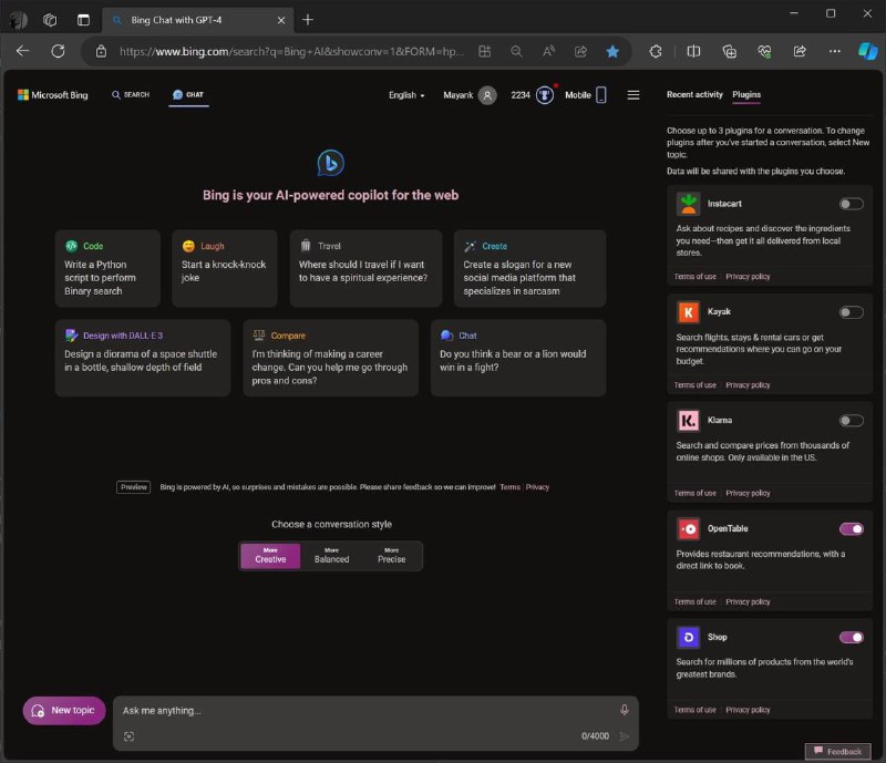 微软重新测试 Bing Chat AI 第三方插件功能，仅支持 Edge Canary 浏览器今年八月份，微软为一小部分用户推出了 Bing Chat 插件内测，但由于性能或质量问题，该功能前段时间已悄然下线