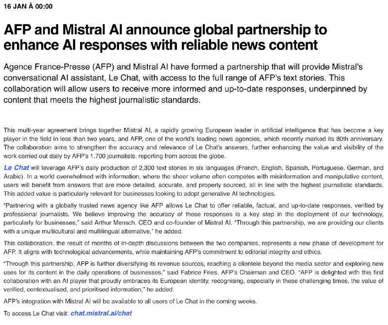 🤝Mistral与法新社达成内容协议，提升AI聊天机器人准确性巴黎人工智能公司Mistral宣布与法新社（AFP）达成内容协议，旨在提高其聊天机器人Le Chat的答案准确性