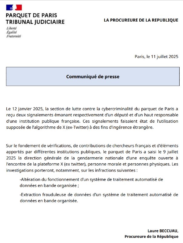 法国正在调查X是否涉嫌操纵算法以进行外国干涉法国正对埃隆·马斯克的X公司展开刑事调查，调查其涉嫌操纵算法以进行外国干涉