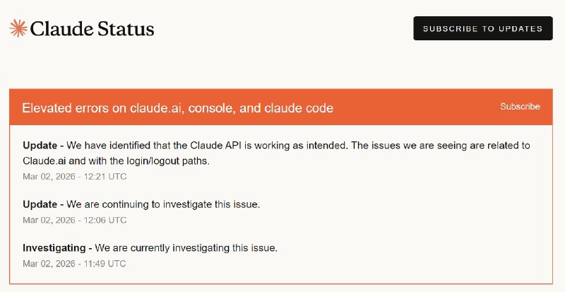 Anthropic Claude 服务出现中断Anthropic 表示调查仍在进行中，API 已如预期工作，网页和应用的使用、登入和登出仍存问题
