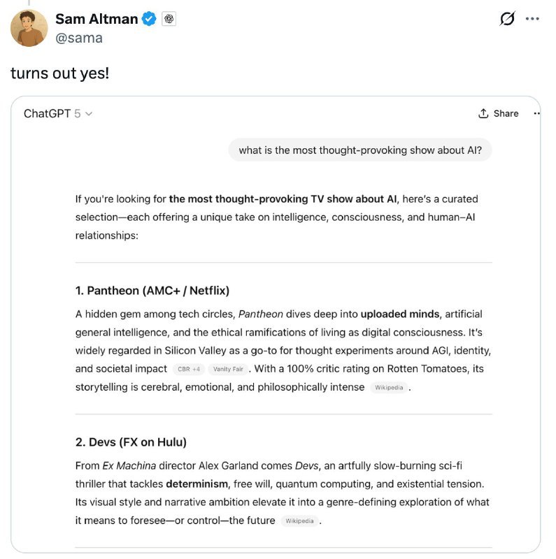 OpenAI CEO 展示 GPT-5 实测问答，确认即将发布8 月 4 日，OpenAI 联合创始人兼首席执行官山姆·奥特曼晒出一张使用 ChatGPT（GPT-5）的问答图，并确认 GPT-5 基础开发已基本完成，目前处于安全和功能测试阶段，即将发布