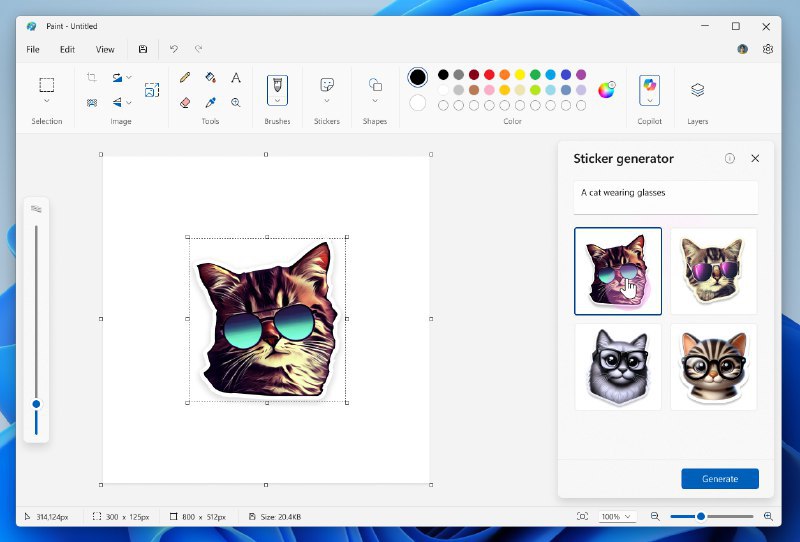 微软Windows画图应用进化：两项新功能、还有全新欢迎界面贴纸生成器（Sticker Generator）贴纸生成器是画图应用的一项新功能，通过利用AI技术，让用户能够通过简单的文本提示创建自定义贴纸