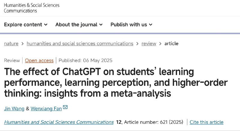 《自然》子刊研究：ChatGPT 显著提升中小学生学习效果，学习效果可提升 86.7%一项发表在《自然》子刊《人文社科通讯》的研究指出，ChatGPT 的使用对提高 K12（中小学生）的学习表现有显著的正向影响，平均可提升 0.867 个标准差，相当于学习效果暴涨 86.7%