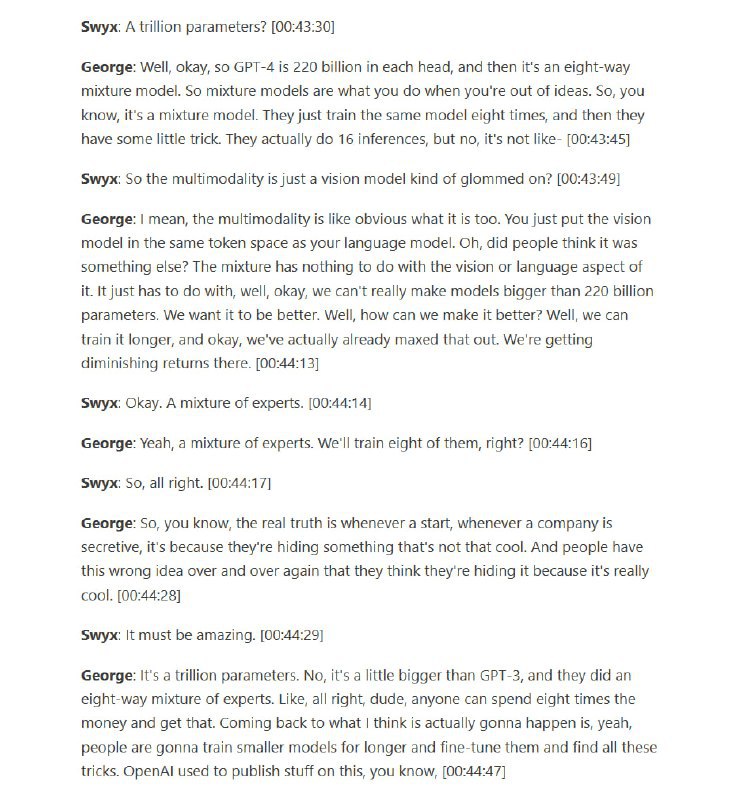 硅谷圈黑客爆料 GPT-4 参数在AI博客节目 Latent Space 上，George Hotz (iPhone 和 PS3 破解第一人) 爆料 GPT-4 其实只比1750亿参数的 GPT-3 大一些，任何人都能用8倍资金得到它