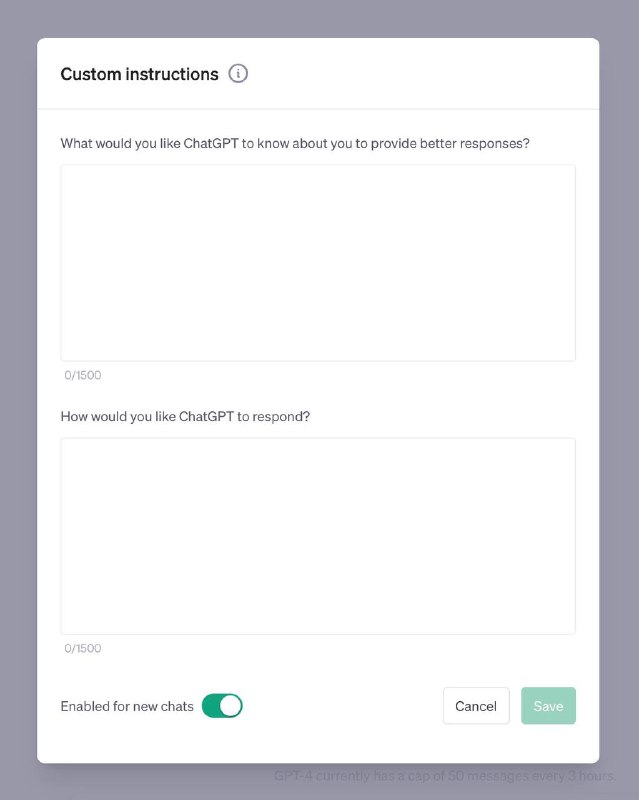 #Update #ChatGPT 所有 ChatGPT Plus 订阅用户现在可以在设置里启用一项新的 beta 功能「Custom instructions」：- 你可以预设你的背景信息（如身份、工作、专业、爱好…）和期望 ChatGPT 回复的方式（如语气、长短、格式、主观程度…）- 背景信息和回复方式的 prompt 字数限制均为 1500 字- 每次新会话里 ChatGPT 都会参考这些内容- 未来几周内对所有用户开放